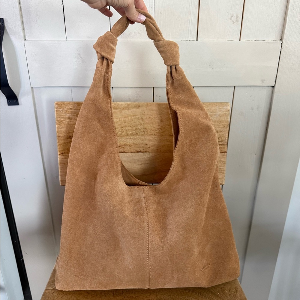 Suede Knot-Handle Shoulder Bag in Tan